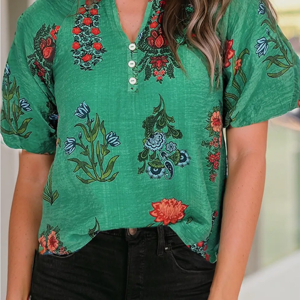Vibrant Floral Button Down Green Top